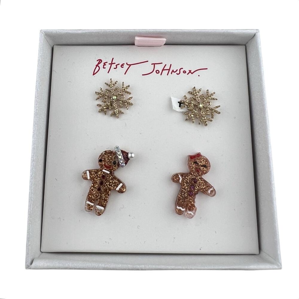 Betsey Johnson NWOT Pierced Earrings Gingerbread Boy & Girl Snowflake Set